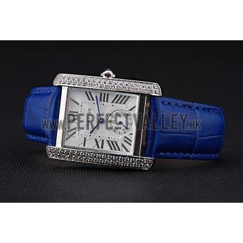 Cartier Tank MC Stainless Steel Diamond Case White Dial Blue Leather Strap  622172