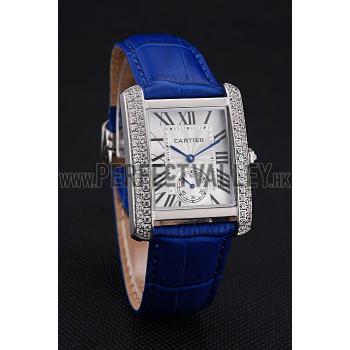 Cartier Tank MC Stainless Steel Diamond Case White Dial Blue Leather Strap  622172