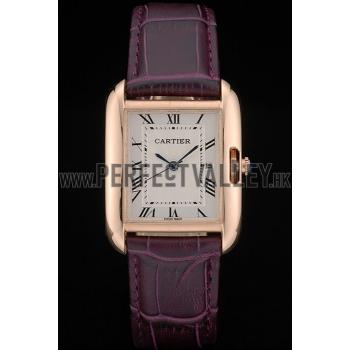 Cartier Tank Anglaise 30mm White Dial Gold Case Purple Leather Bracelet