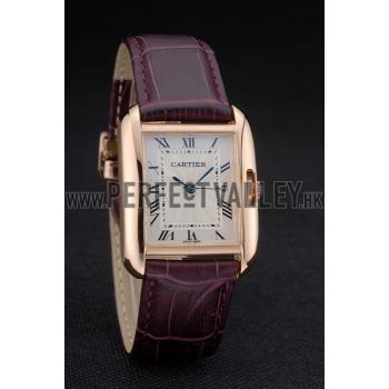 Cartier Tank Anglaise 30mm White Dial Gold Case Purple Leather Bracelet