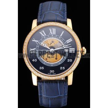 Swiss Cartier Rotonde Small Complication Blue Dial Gold Diamond Case Blue Leather Strap