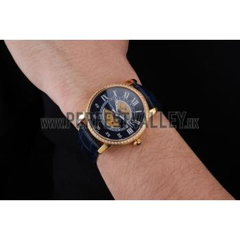 Swiss Cartier Rotonde Small Complication Blue Dial Gold Diamond Case Blue Leather Strap