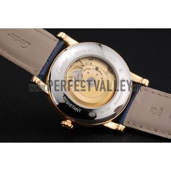 Swiss Cartier Rotonde Small Complication Blue Dial Gold Diamond Case Blue Leather Strap