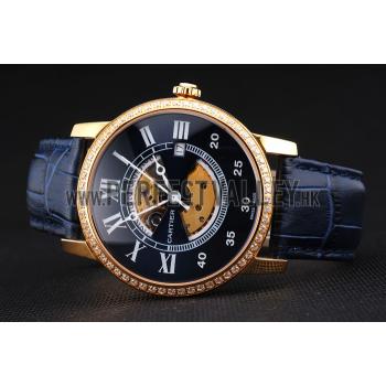 Swiss Cartier Rotonde Small Complication Blue Dial Gold Diamond Case Blue Leather Strap