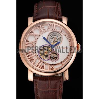 Cheap Cartier Rotonde De Cartier Flying Tourbillon White Dial Rose Gold Numerals Rose Gold Case Brown Leather Strap