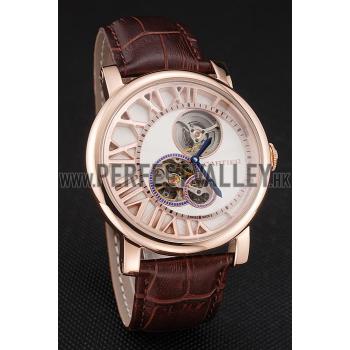 Cheap Cartier Rotonde De Cartier Flying Tourbillon White Dial Rose Gold Numerals Rose Gold Case Brown Leather Strap