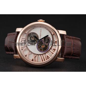 Cheap Cartier Rotonde De Cartier Flying Tourbillon White Dial Rose Gold Numerals Rose Gold Case Brown Leather Strap