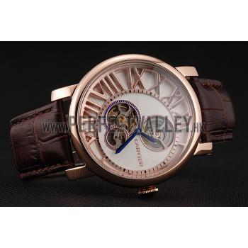 Cheap Cartier Rotonde De Cartier Flying Tourbillon White Dial Rose Gold Numerals Rose Gold Case Brown Leather Strap