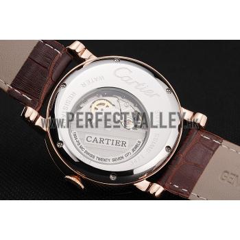 Cheap Cartier Rotonde De Cartier Flying Tourbillon White Dial Rose Gold Numerals Rose Gold Case Brown Leather Strap