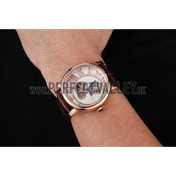 Cheap Cartier Rotonde De Cartier Flying Tourbillon White Dial Rose Gold Numerals Rose Gold Case Brown Leather Strap