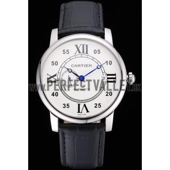 Cheap Swiss Cartier Rotonde Solo White Dial Silver Case Black Leather Strap