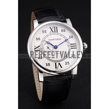 Cheap Swiss Cartier Rotonde Solo White Dial Silver Case Black Leather Strap