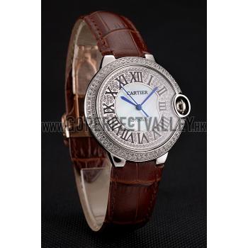 Swiss Cartier Ballon Bleu 46 MM Diamond Dial  Diamond Case Brown Leather Bracelet 1453895 Replica