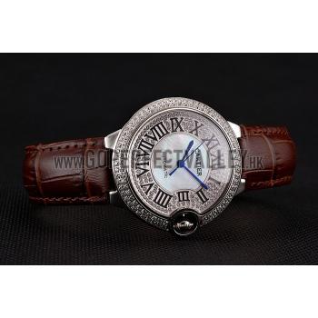 Swiss Cartier Ballon Bleu 46 MM Diamond Dial  Diamond Case Brown Leather Bracelet 1453895 Replica