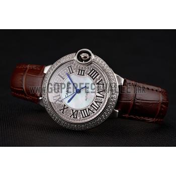 Swiss Cartier Ballon Bleu 46 MM Diamond Dial  Diamond Case Brown Leather Bracelet 1453895 Replica