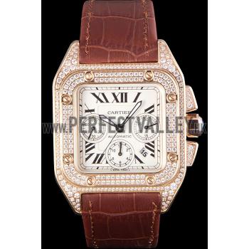 Cheap Swiss Cartier Santos Rose Gold Bezel with Diamonds and Brown Leather Strap sct43  621527