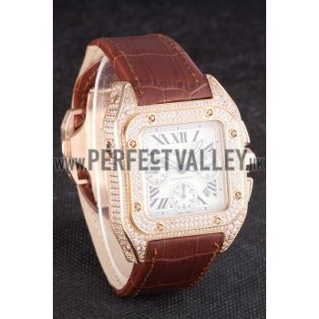 Cheap Swiss Cartier Santos Rose Gold Bezel with Diamonds and Brown Leather Strap sct43  621527