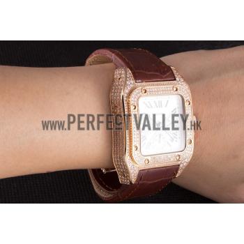 Cheap Swiss Cartier Santos Rose Gold Bezel with Diamonds and Brown Leather Strap sct43  621527