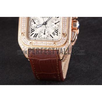 Cheap Swiss Cartier Santos Rose Gold Bezel with Diamonds and Brown Leather Strap sct43  621527