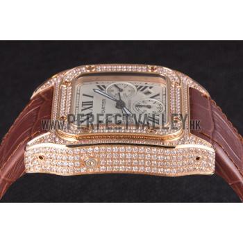 Cheap Swiss Cartier Santos Rose Gold Bezel with Diamonds and Brown Leather Strap sct43  621527