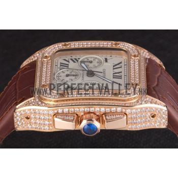 Cheap Swiss Cartier Santos Rose Gold Bezel with Diamonds and Brown Leather Strap sct43  621527