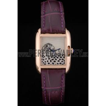 Cartier Tank Anglaise White Tiger Dial Gold Case Purple Leather Bracelet Replica