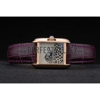 Cartier Tank Anglaise White Tiger Dial Gold Case Purple Leather Bracelet Replica