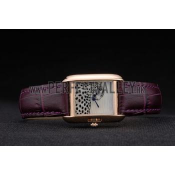 Cartier Tank Anglaise White Tiger Dial Gold Case Purple Leather Bracelet Replica