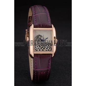 Cartier Tank Anglaise White Tiger Dial Gold Case Purple Leather Bracelet Replica