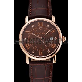 Cartier Ronde Solo Brown Dial Diamond Hour Marks Rose Gold Case Brown Leather Strap