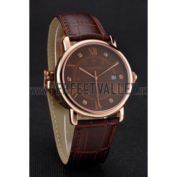 Cartier Ronde Solo Brown Dial Diamond Hour Marks Rose Gold Case Brown Leather Strap