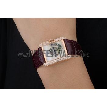 Cartier Tank Anglaise White Dragon Dial Diamonds Gold Case Purple Leather Bracelet