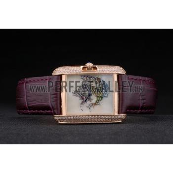 Cartier Tank Anglaise White Dragon Dial Diamonds Gold Case Purple Leather Bracelet