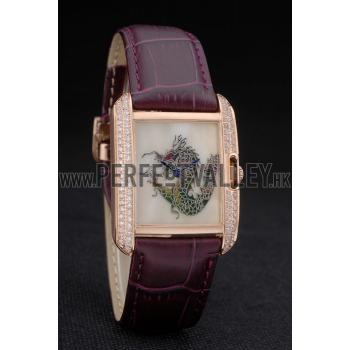 Cartier Tank Anglaise White Dragon Dial Diamonds Gold Case Purple Leather Bracelet