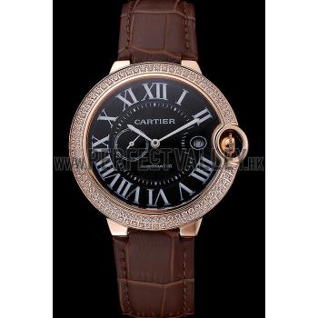 Swiss Cartier Ballon Bleu Diamond Case Black Dial Brown Leather Bracelet  622679