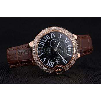 Swiss Cartier Ballon Bleu Diamond Case Black Dial Brown Leather Bracelet  622679