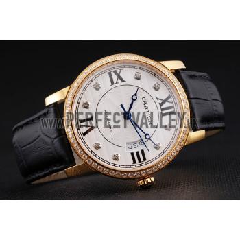 Cheap Swiss Cartier Ronde Solo White Dial Gold Diamond Case Black Leather Strap