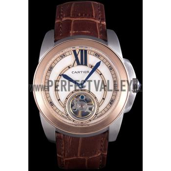 Cartier Calibre Flying Tourbillon White Dial Two Tone Case Brown Leather Bracelet