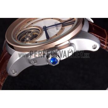 Cartier Calibre Flying Tourbillon White Dial Two Tone Case Brown Leather Bracelet