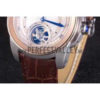 Cartier Calibre Flying Tourbillon White Dial Two Tone Case Brown Leather Bracelet