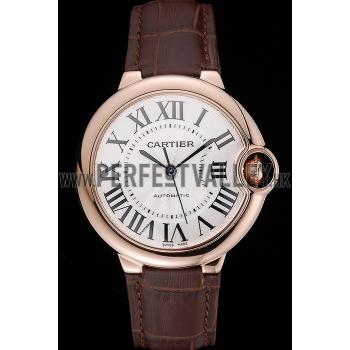 Cheap Swiss Ballon Blue De Cartier Gold Case White Dial Roman Numerals Brown Leather Bracelet   622651