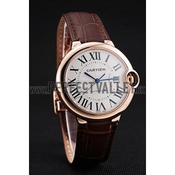 Cheap Swiss Ballon Blue De Cartier Gold Case White Dial Roman Numerals Brown Leather Bracelet   622651