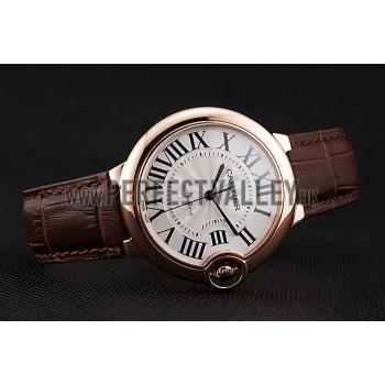 Cheap Swiss Ballon Blue De Cartier Gold Case White Dial Roman Numerals Brown Leather Bracelet   622651