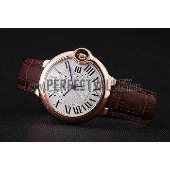 Cheap Swiss Ballon Blue De Cartier Gold Case White Dial Roman Numerals Brown Leather Bracelet   622651