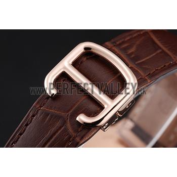 Cheap Swiss Ballon Blue De Cartier Gold Case White Dial Roman Numerals Brown Leather Bracelet   622651