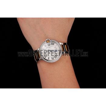 Swiss Cartier Ballon Bleu Two Timezone White Dial Diamond Case Gold And Silver Bracelet 1453876