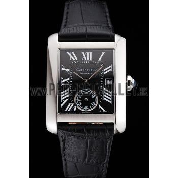 Swiss Cartier Tank MC Black Dial Stainless Steel Case Black Leather Strap Replica