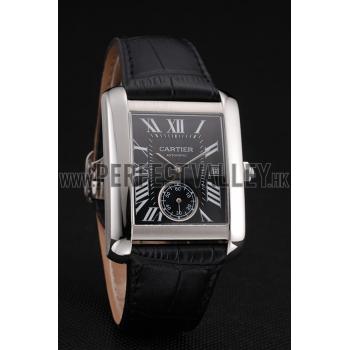 Swiss Cartier Tank MC Black Dial Stainless Steel Case Black Leather Strap Replica