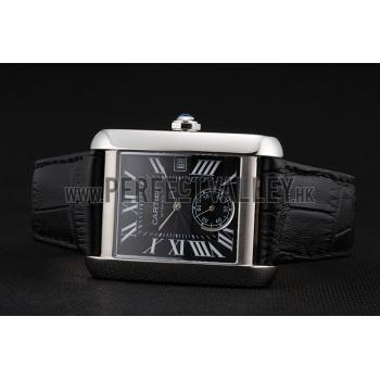 Swiss Cartier Tank MC Black Dial Stainless Steel Case Black Leather Strap Replica