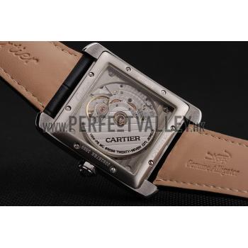 Swiss Cartier Tank MC Black Dial Stainless Steel Case Black Leather Strap Replica